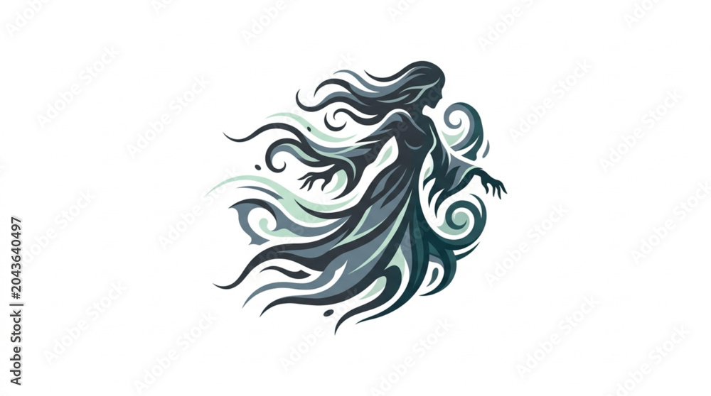 Fototapeta premium Mysterious Woman Silhouette Flowing Hair Ghostly Apparition.