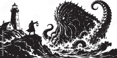 Bild auf Leinwand Dramatic Vector Illustration of a Giant Kraken Sea Monster Rising from the Ocean Waves Near a Lighthouse with a Brave Man Holding a Lantern on a Rocky Cliffside during a Storm