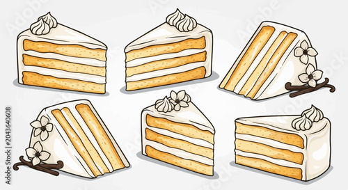 Six slices of multi-layered vanilla cake with frosting and garnishes