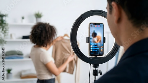 Modern social commerce live stream on mobile phone with ring light tripod for internet sales and retail vlogging