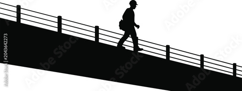 Konstfotografi Man walking on sloped bridge silhouette, urban pedestrian with bag crossing elev