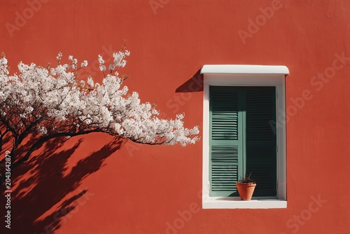 Cherry blossoms contrast against a striking red wall with a green shuttered window, evoking a serene architectural scene.