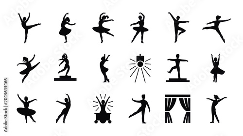 Foto Set of 20 Black Ballet Dancer and Stage Icons Vector