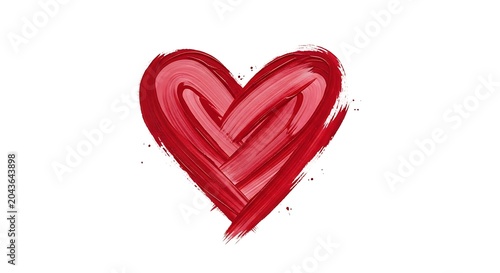Handpainted red heart shape with brush strokes isolated on white background
