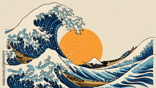 Quadro su tela Traditional Japanese Ukiyo-e Style Vector Illustration of The Great Wave off Kanagawa with Mount Fuji and a Rising Sun
