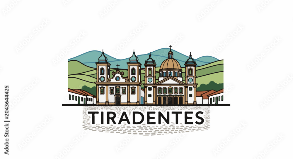 Obraz premium Stylized illustration of historic colonial buildings with rolling hills and cobblestone street