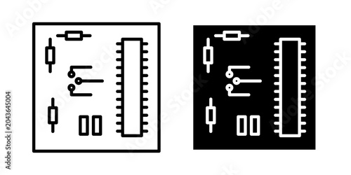 Circuit board icon in outline and solid style, isolated on white background. Ideal for electronics, hardware engineering, and technology features in mobile and web design.