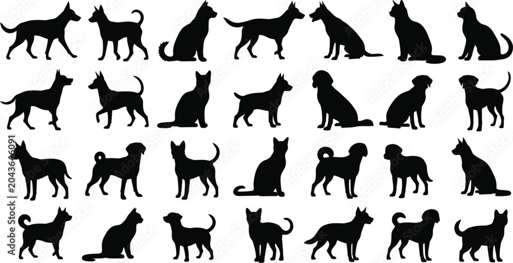 Fototapeta premium Large set of black vector silhouettes featuring various breeds of dogs and cats in different poses like sitting standing and walking on white background