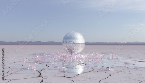 A large disco ball reflects sunlight amid cracked desert terrain, surrounded by iridescent fragments under a clear blue sky.