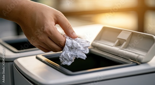 Hand discards crumpled paper into an open recycling bin