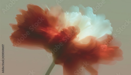 Blurred abstract of a red and white flower, capturing motion and vibrant color in a dreamy artistic style.