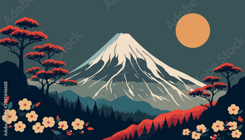 Mount Fuji Japanese Landscape Vector Illustration with Snow Capped Peak Red Pine Trees Cherry Blossoms and Full Moon in a Vintage Retro Art Style Perfect for Travel Posters and Wall Decor.