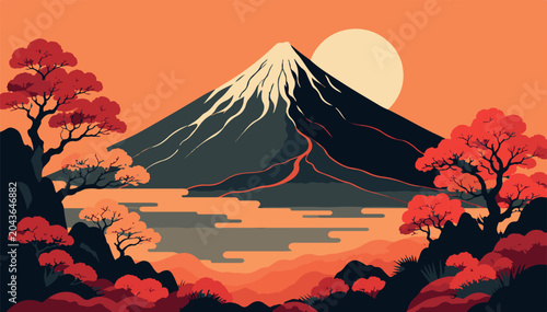 Majestic Mount Fuji Landscape with Traditional Red Japanese Pine Trees and Sunrise Backdrop Vector Illustration - Artistic Japanese Culture Travel Poster Background and Scenery