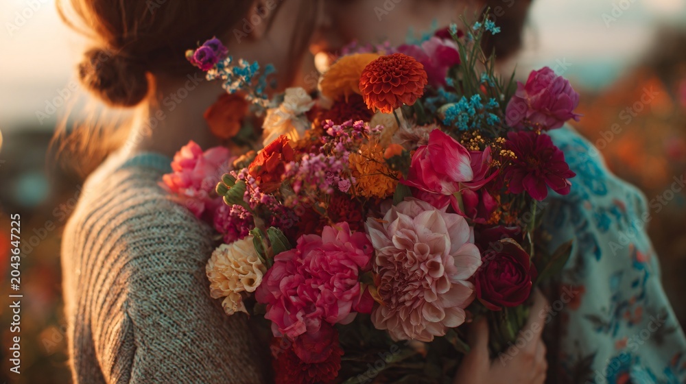 Fototapeta premium Couple Embracing Holding Colorful Bouquet of Flowers