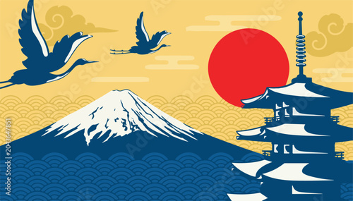 Canvastavla Japanese Landscape Vector Art with Mount Fuji, Pagoda Temple, Flying Cranes, and Red Rising Sun in Traditional Flat Style for Travel Posters, Cultural Backgrounds and Minimalist Designs