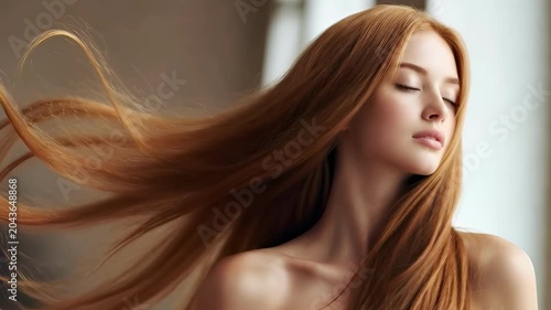 Hair Care. Young woman with long flowing red hair, elegant beauty portrait, slow motion footage, soft studio lighting on neutral background