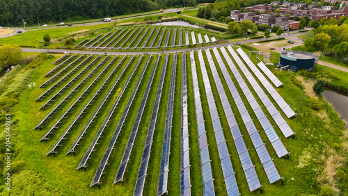 Aerial drone view of solar panel island Zoneiland in Almere, the Netherlands