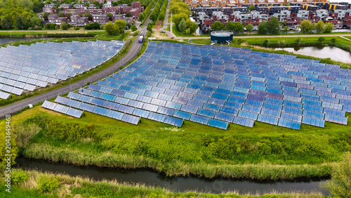 Aerial drone view of solar panel island Zoneiland in Almere, the Netherlands