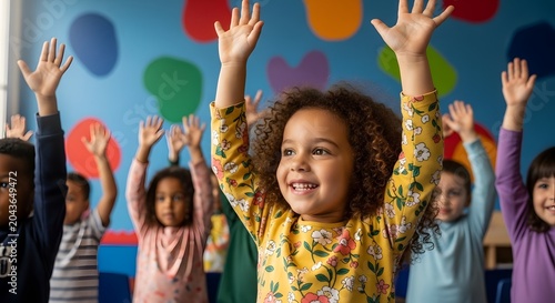 Joyful children raising hands in a colorful classroom setting
