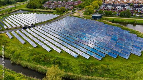 Aerial drone view of solar panel island Zoneiland in Almere, the Netherlands