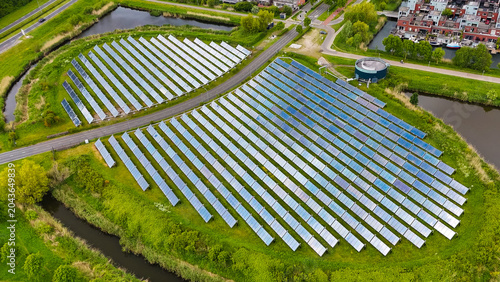 Aerial drone view of solar panel island Zoneiland in Almere, the Netherlands