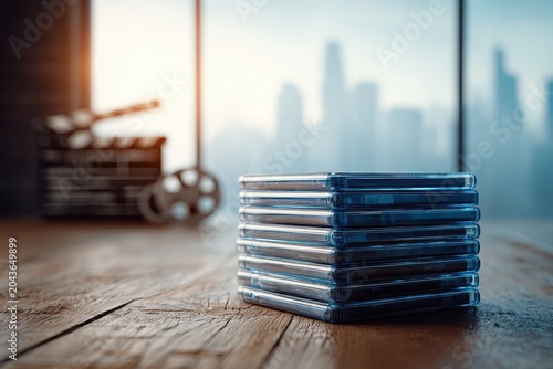 Celebration of film: a towering Blu-ray disc stack with warm light and retro film elements
