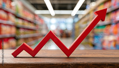 Red upward trending graph on wooden surface in aisle of store