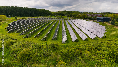 Aerial drone view of solar panel island Zoneiland in Almere, the Netherlands