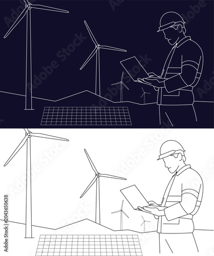 Renewable Energy Technician Monitoring Solar and Wind Power, Wind Energy and Solar Power Monitoring