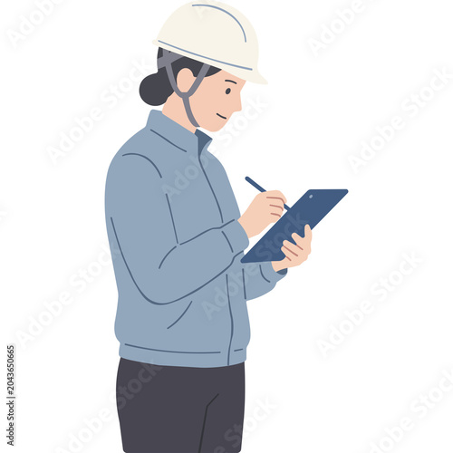 Female construction worker in hard hat writing on clipboard, professional engineer performing site inspection, industrial worker in blue uniform