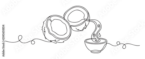 Continuous line art vector illustration of coconut halves and oil pouring into a small bowl, showcasing healthy organic skincare and cooking ingredients concept