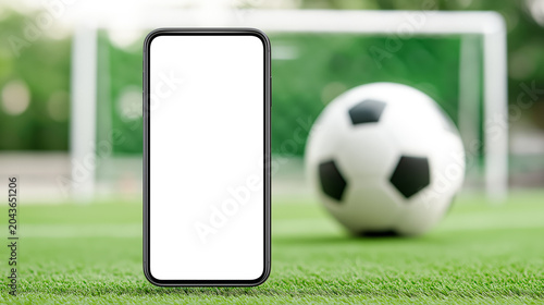 Smartphone with blank screen on green grass near soccer ball and goal net. Concept of mobile app, sport and digital technology