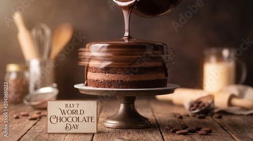 Warm chocolate ganache being poured over a layered naked chocolate cake on a vintage cake stand with cocoa beans and kitchen tools.