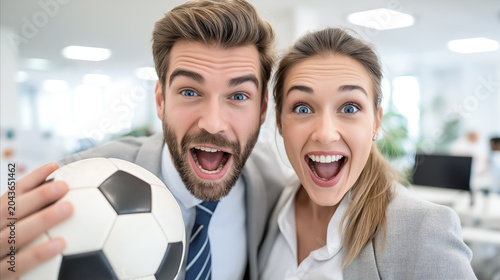 Portrait of a man and woman celebrating a football victory, holding a soccer ball. Sports fans, championships, and sporting events.