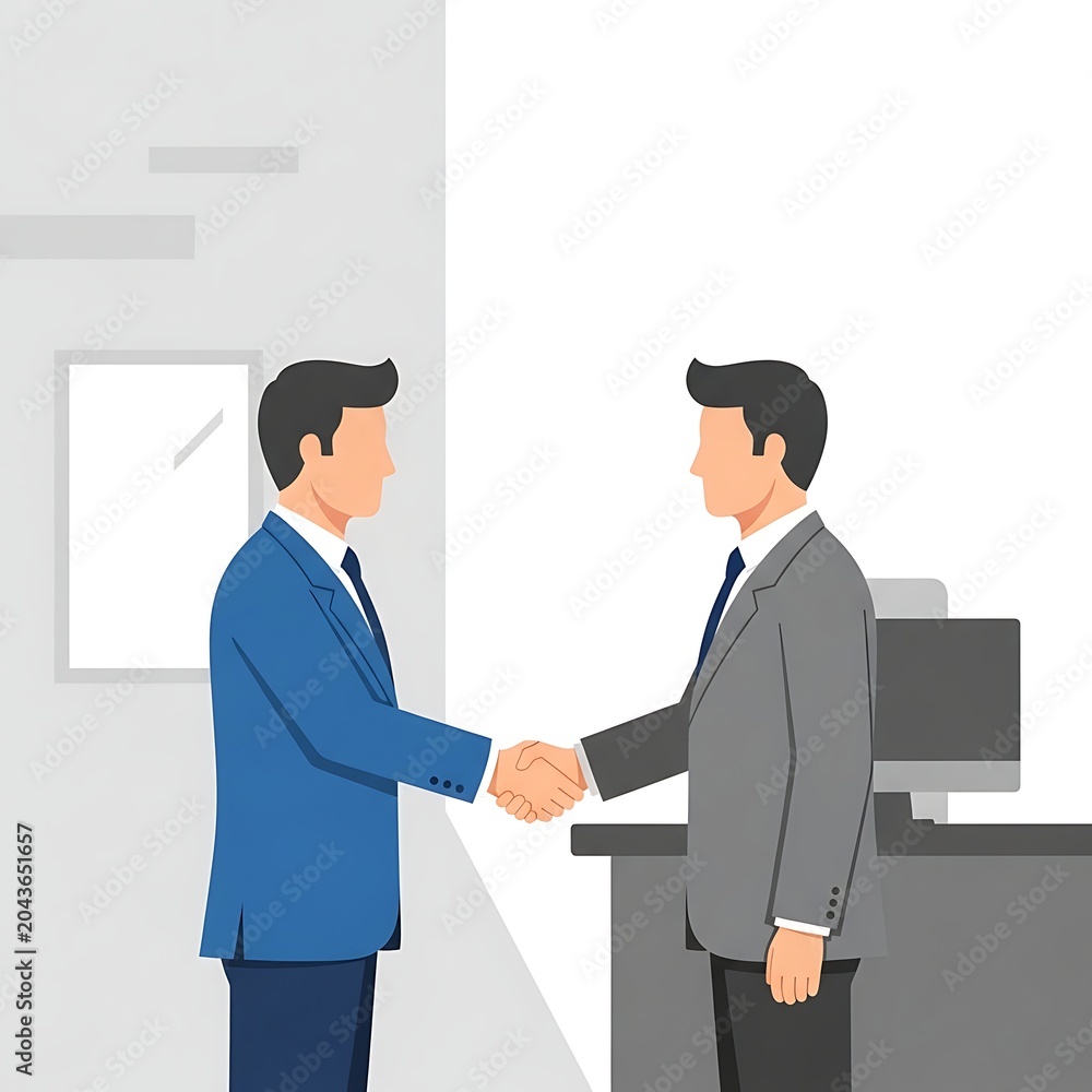 Fototapeta premium Two businessmen shaking hands in office, professional partnership, business deal, corporate agreement, vector illustration