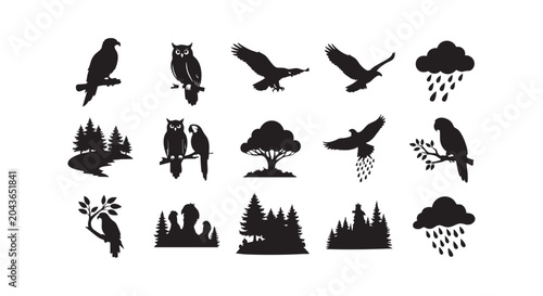 Nature and environmental silhouette collection featuring trees owls parrots rain clouds and forest landscape scenery.