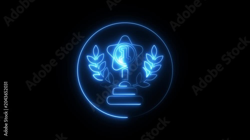 Glowing neon line winner trophy podium with 1st, 2nd, and 3rd place icon animation. glowing 4k