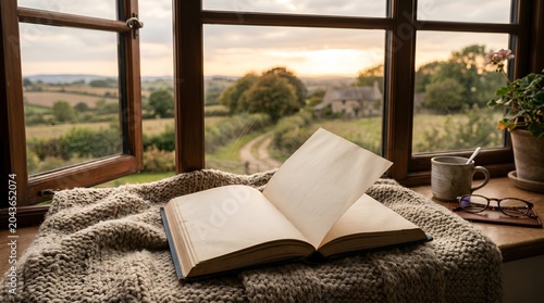 Cozy rural reading nook with book and countryside view