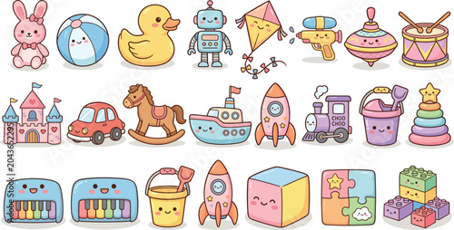 Cuadro en lienzo Cute baby toy sticker bundle with kawaii cartoon playroom elements including rub