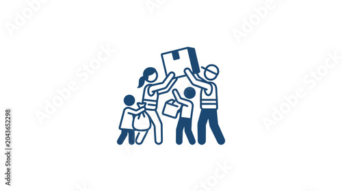 Foto A line art illustration showing volunteers distributing aid packages to children and families