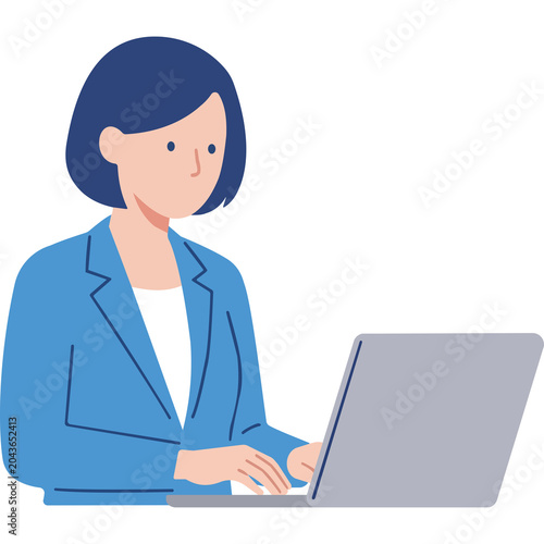 Professional businesswoman working on laptop, female office worker in blue suit using computer, corporate employee typing on notebook