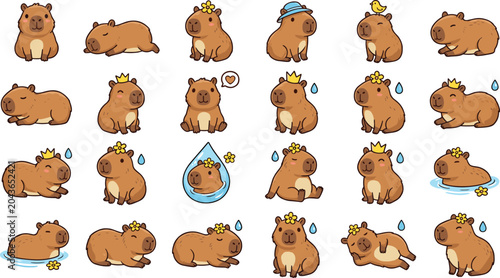 Cute capybara sticker bundle with kawaii cartoon animal characters in various poses including swimming sleeping and wearing crowns for graphic design elements