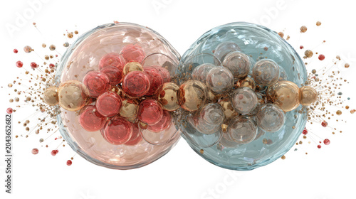Abstract cellular fusion visualization with transparent spheres molecular interaction biotechnology research concept futuristic scientific illustration isolated on white background