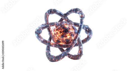 Abstract cosmic atom with luminous energy core futuristic quantum technology science visualization isolated for innovation concepts on white background