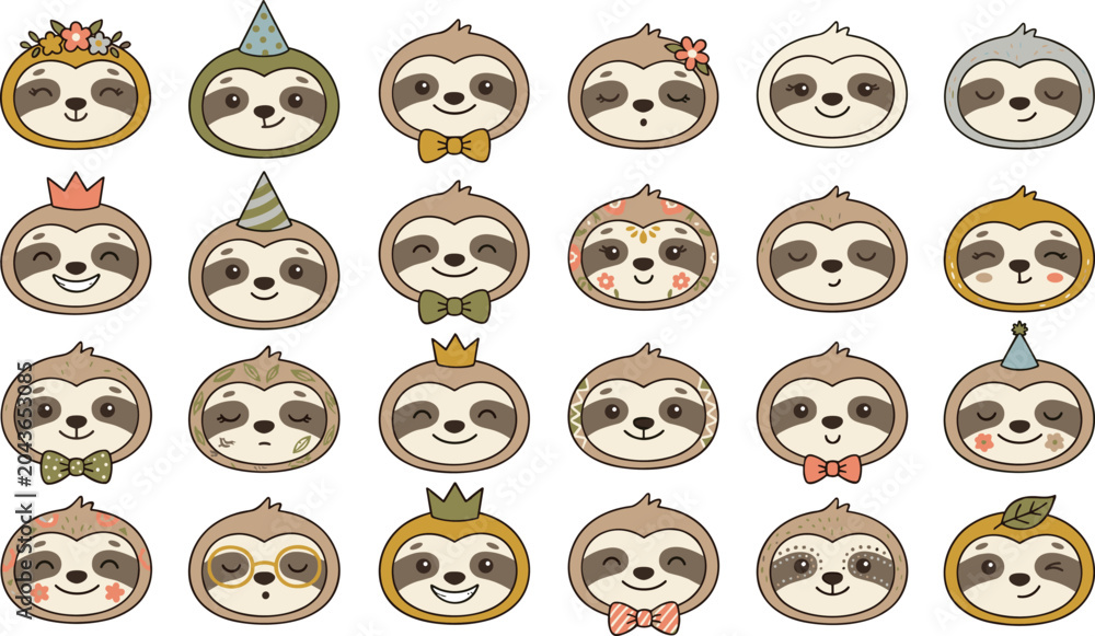 Fototapeta premium Cute sloth face sticker bundle with kawaii cartoon animal heads showing different emotions expressions crowns and party hats for children graphic design elements