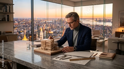 Architect designs building model with cityscape view at sunset