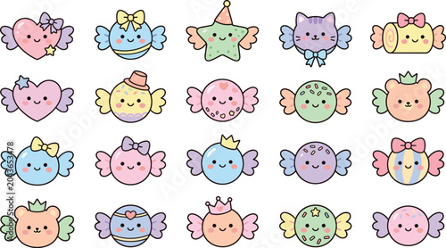 Foto Cute candy sticker bundle with kawaii cartoon sweet characters including hearts