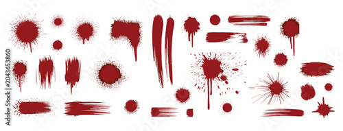 Blood Splatter Collection: A diverse collection of blood spatter, drops, and brush strokes, presented in a stark red hue on a white background.
