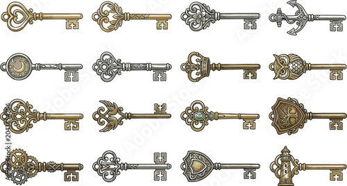 Vintage ornate key vector bundle with antique skeleton keys featuring medieval gothic steampunk and filigree design elements for secret mystery concept backgrounds
