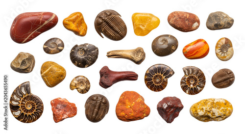 Collection of ancient fossils and colorful stones on a black background
